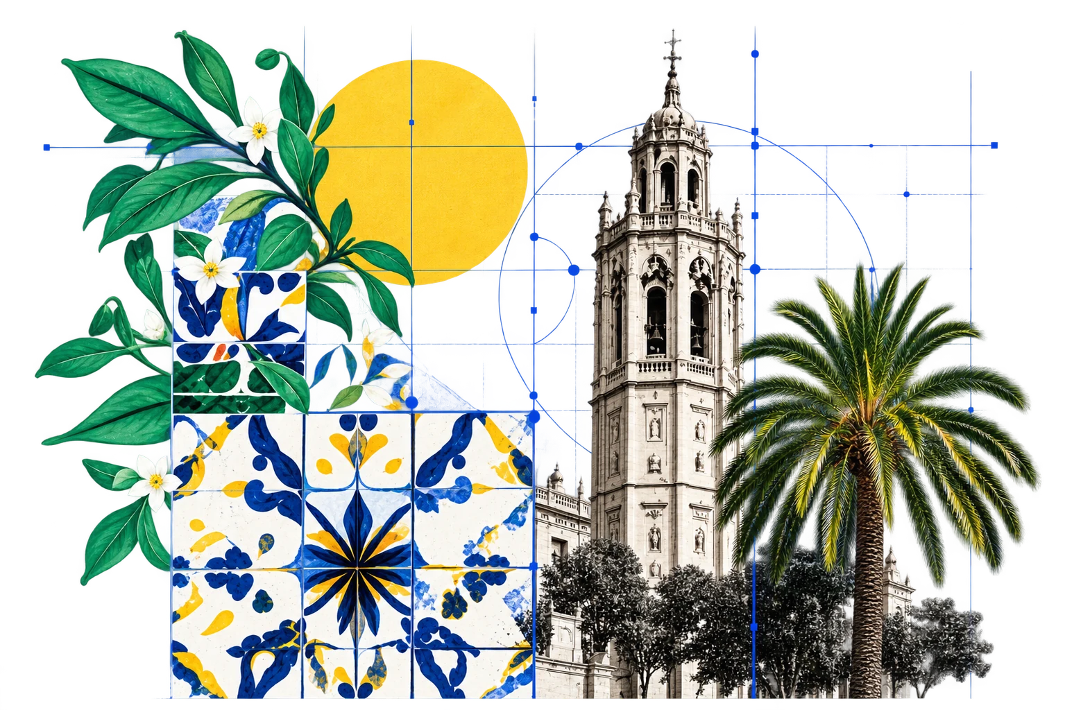 Collage of Valencian tiles, an orange-tree branch, the Micalet bell tower and a palm over a blueprint grid.