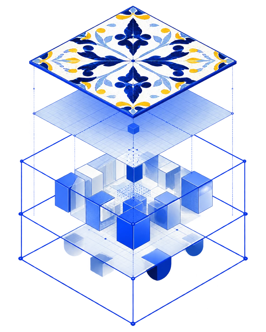 Isometric drawing of four stacked layers: a Valencian tile on top, a grid, a field of cubes and a base plate.